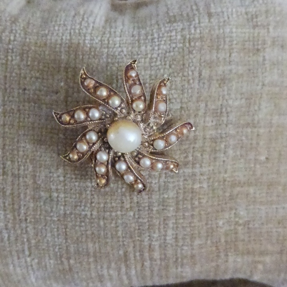 Gold Tone Faux Pearl Sunburst Flower Pin